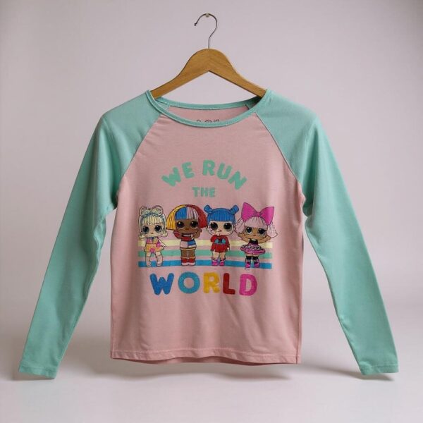 Blusa manga larga, diseño LOL, color rosa y menta  - Talla 10/12