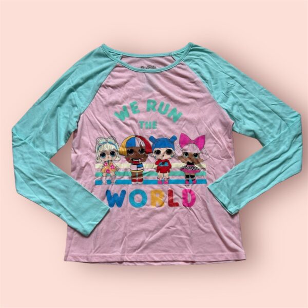 Blusa manga larga, diseño LOL, color rosa y menta  - Talla 10/12
